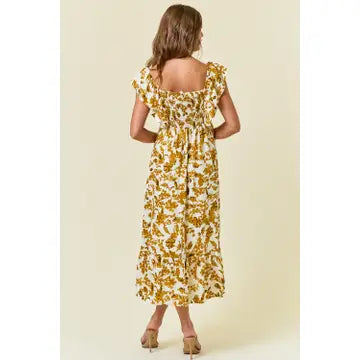 Floral Sweetheart Neckline Smocked Back Midi Dress