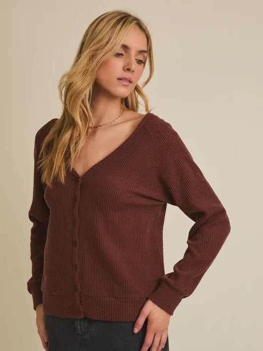 V-Neck Long Sleeve Front/Back Button Down Cardigan Top