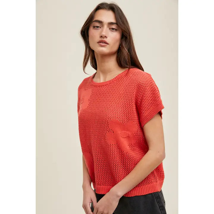 Flower Detail Open-Knit Sweater Top