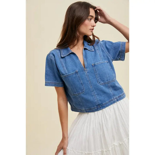 Collared Denim Top with Pocket