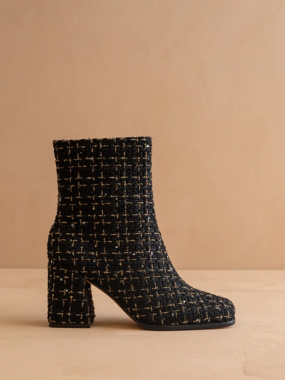 The Demi | Black Tweed Woven Block Heel Ankle Fall Boot