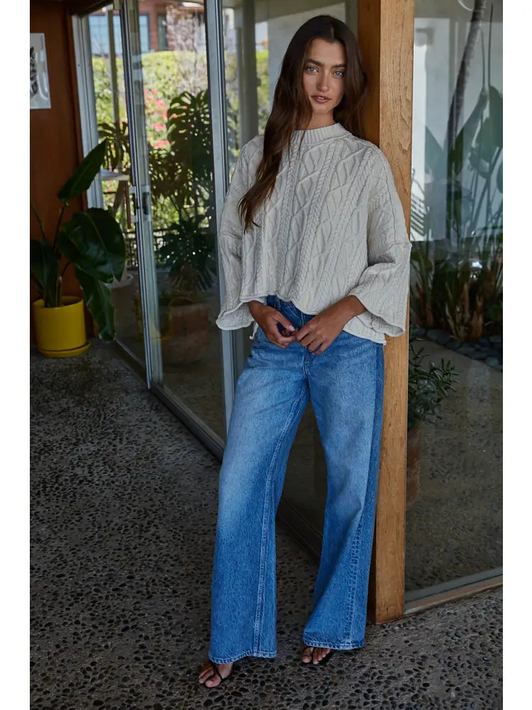 Knit Cable Sweater Cotton 3/4 Sleeve Pullover