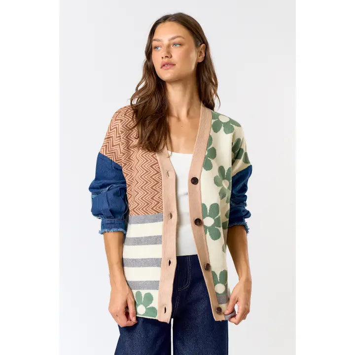 Patchwork Sweater Cardigan with Denim Sleeves