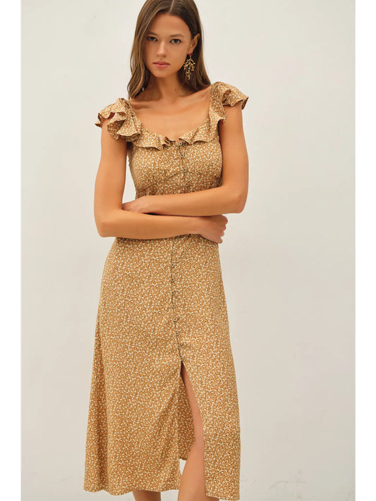 Vintage Ditsy Print Ruffled Midi Dress