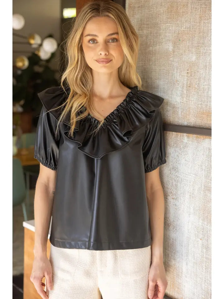 Wide Ruffle V Neck Faux Leather Top