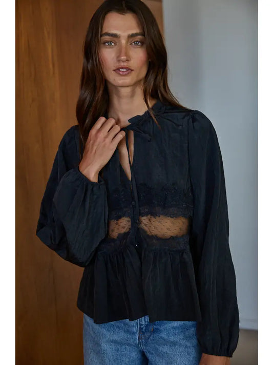 Woven Polyester Nylon Sheer Lace Detail Blouse