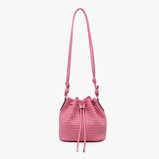 Elliana Faux Woven Bucket Bag w/ Drawstring & Snap Closure