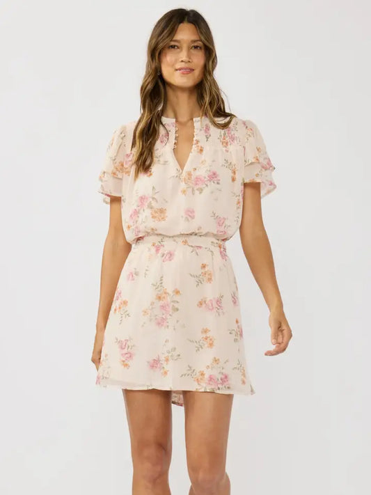 Floral Smocked Yoke Flutter Sleeve Mini Dress