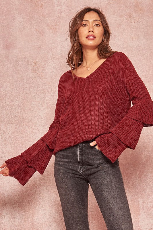 Tiered Ruffle-Sleeve Ribbed Knit V-Neck Sweater