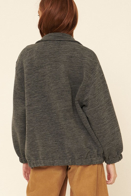 Ribbed Button-Front Lapel-Collar Jacket
