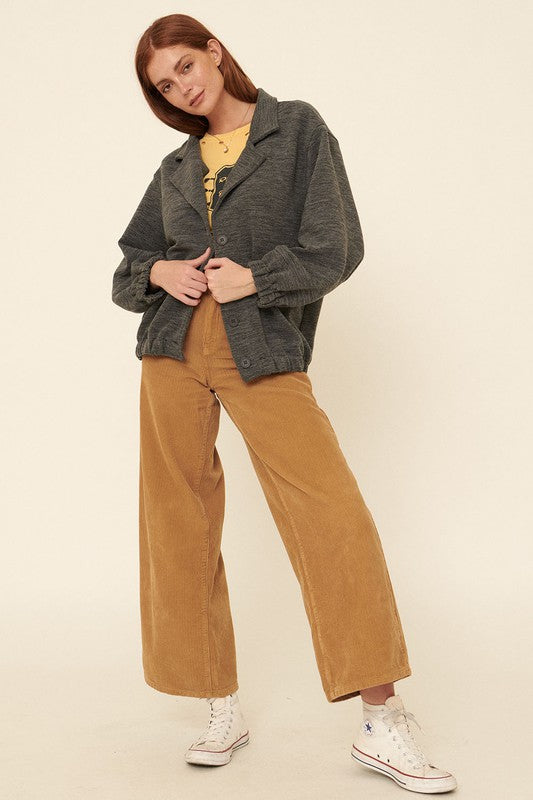 Ribbed Button-Front Lapel-Collar Jacket