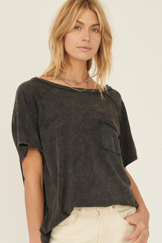 Oversize Mineral Washed Boatneck Raglan Pocket Tee