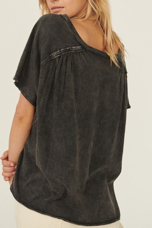Oversize Mineral Washed Boatneck Raglan Pocket Tee