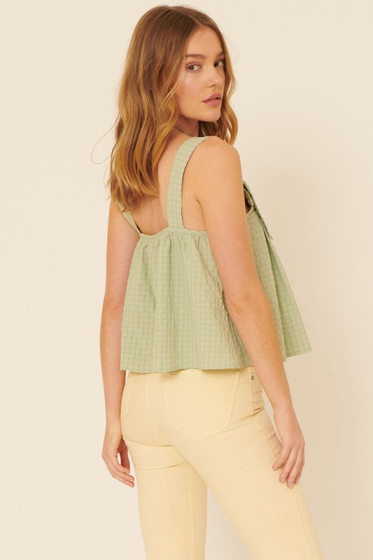 Plaid Square Neck Adjustable Strap Woven Top
