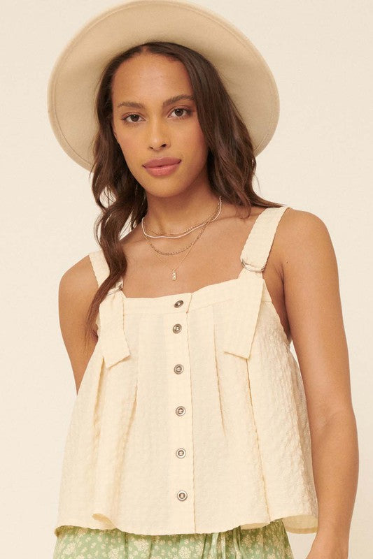 Plaid Square Neck Adjustable Strap Woven Top
