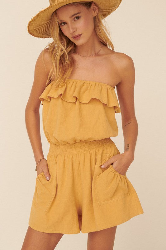 Woven Off Shoulder Sleeveless Flare Flounce Romper