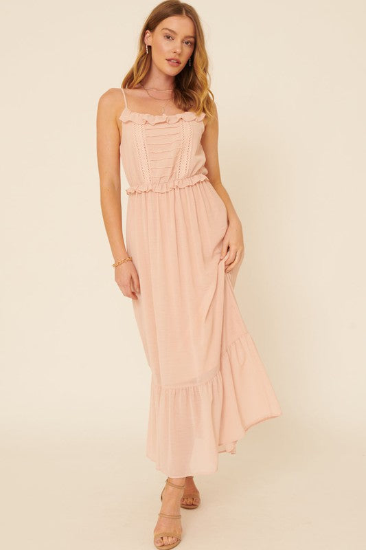 Woven Eyelet Lace Ruffle Square Neck Maxi Dress