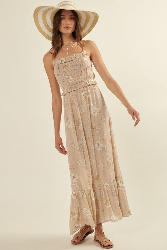 Floral Straight Neck Ruffle Pleated Maxi Dress