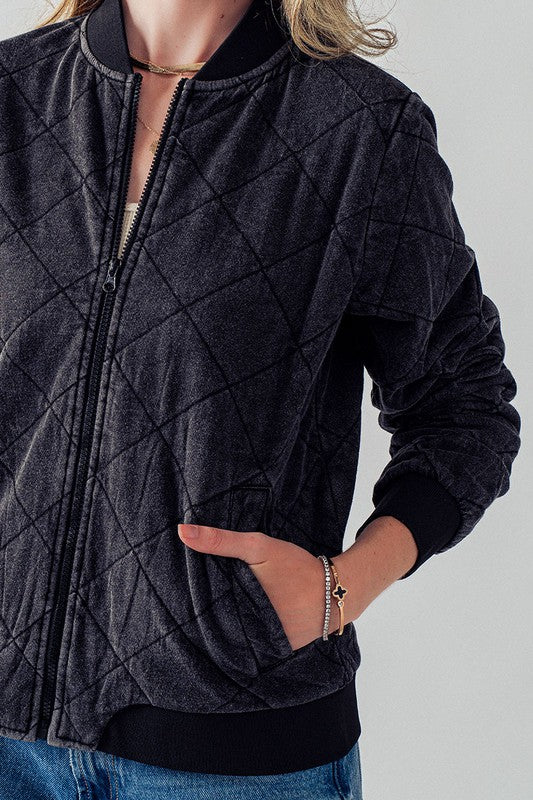 Diamond Quilted Zip Up Cotton Bomber Jacket