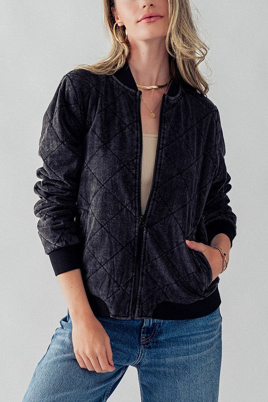 Diamond Quilted Zip Up Cotton Bomber Jacket