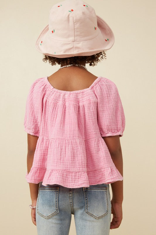 Girls Washed Smock Detail Puff Sleeve Gauze Top