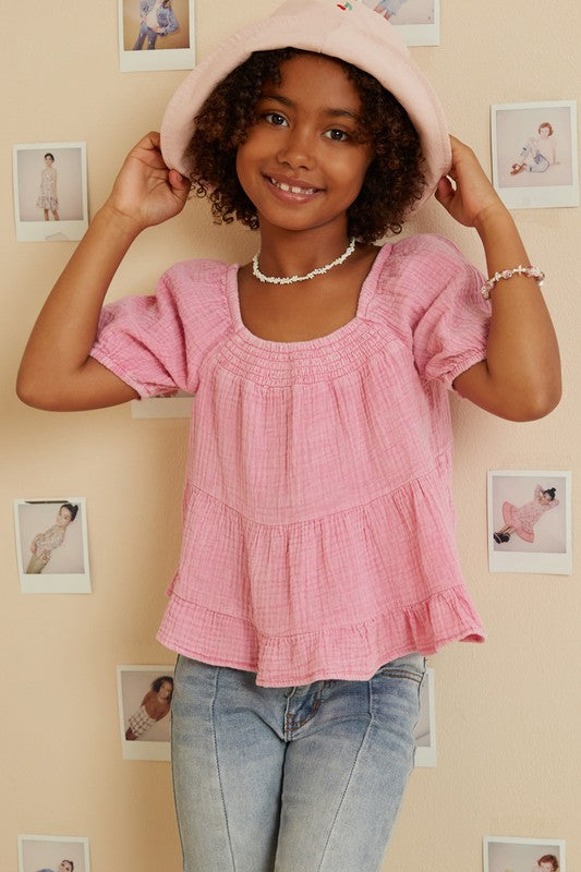 Girls Washed Smock Detail Puff Sleeve Gauze Top