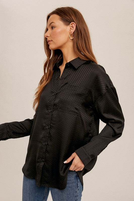 Checkered Jacquard Button Down Blouse