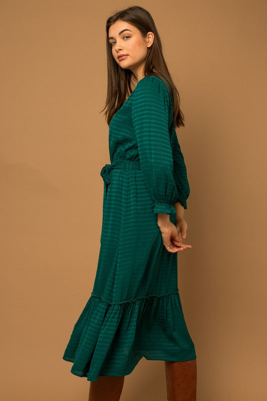 V-Neck Green Midi Dress