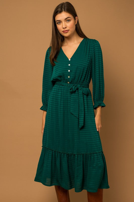 V-Neck Green Midi Dress