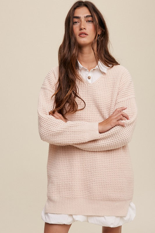 Slouchy V-neck Ribbed Knit Sweater