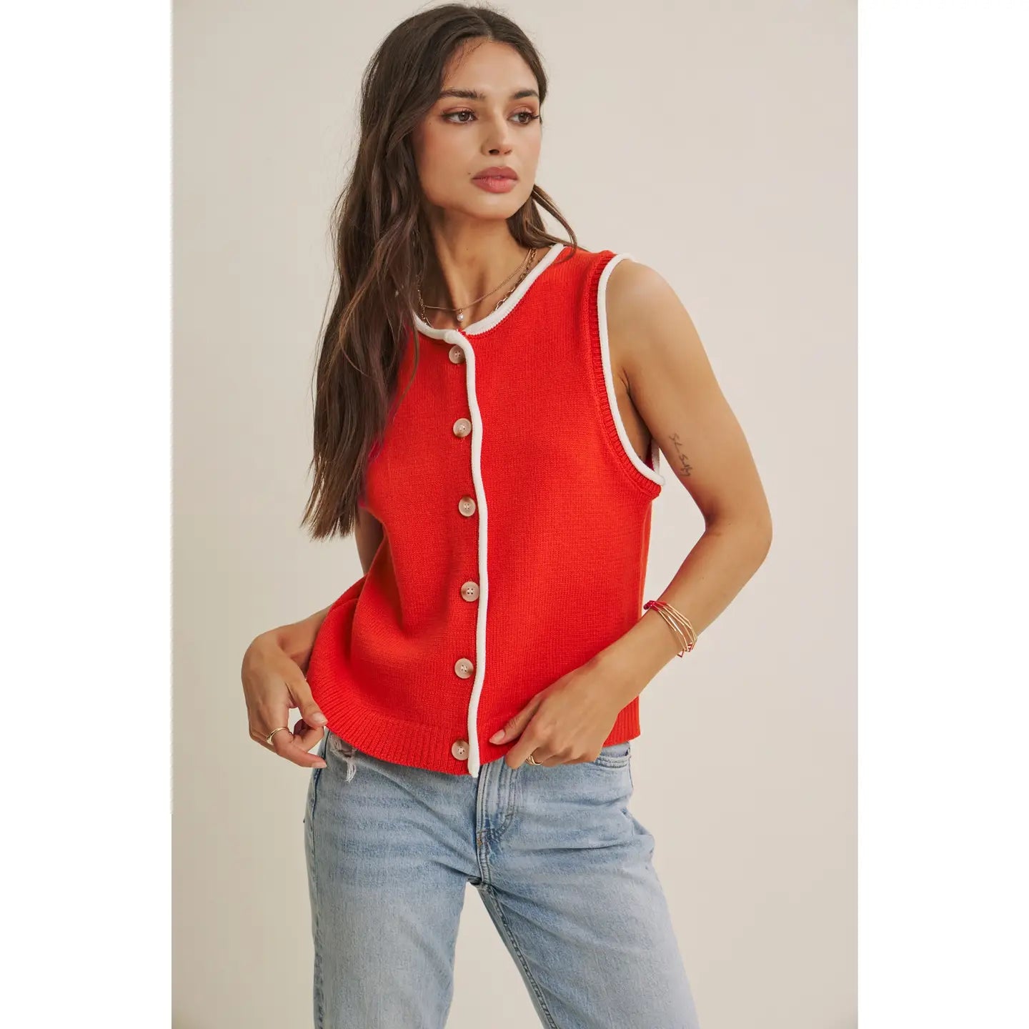 Contemporary Color Pop Button-Down Sweater Knit Vest