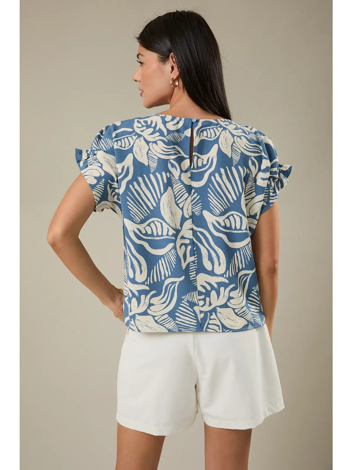 Round Neck Ruffle Puff Short Sleeve Leaf Print Top