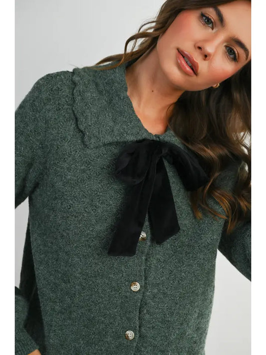 Button-Up Bow Front Collared Long Sleeve Top
