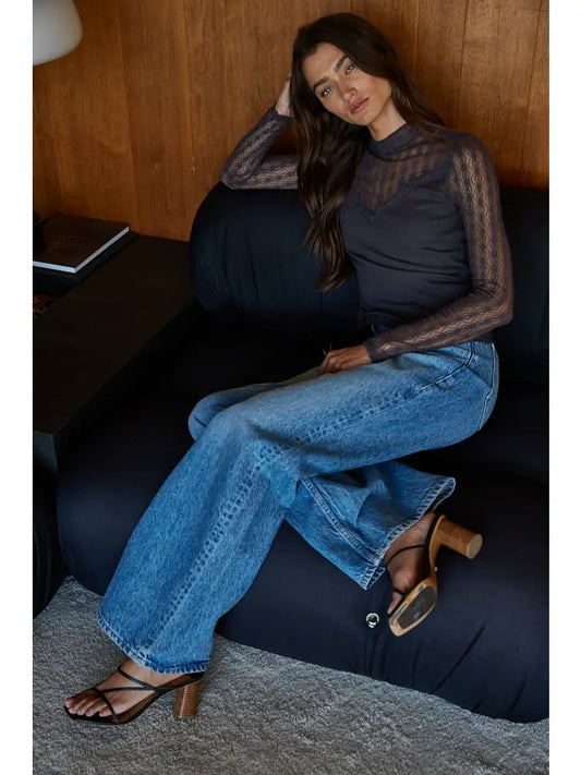 Ribbed Sheer Lace Mock Neck Long Sleeve
