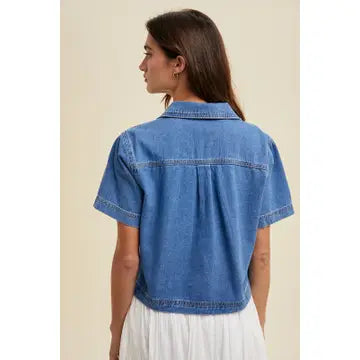 Collared Denim Top with Pocket