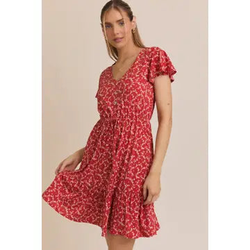 Button Down Elastic Tie Ditsy Dress