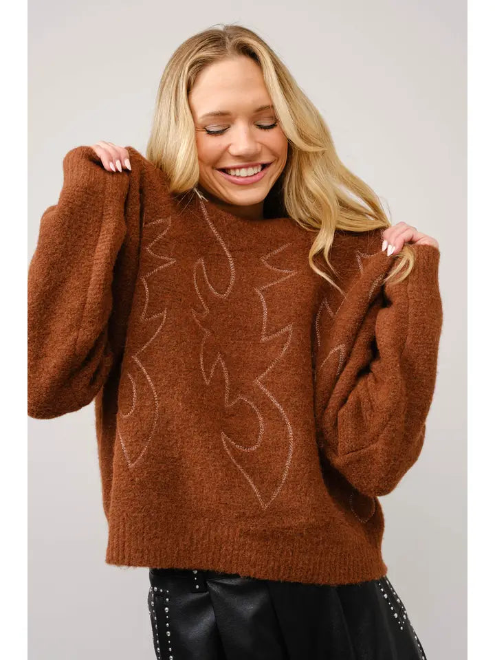 Western Boots Stitch Pattern Crew Neck Sweater