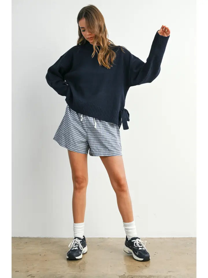 Tie Split-Hem Crewneck Long Sleeve Top