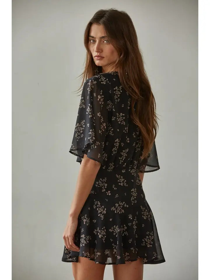 | Woven Polyester Chiffon Floral Print Mini Dress