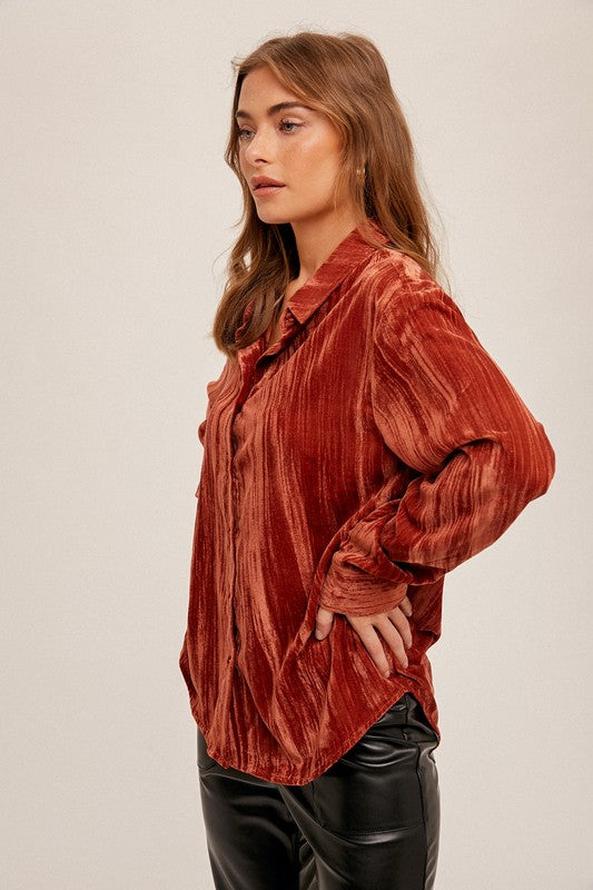 Crinkled Velvet Button Down Shirt