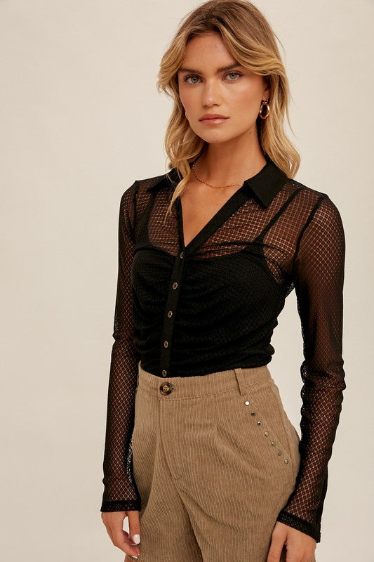 Ruched Button Collared Lace Shirt