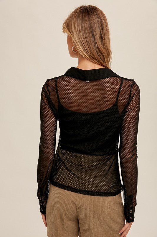 Ruched Button Collared Lace Shirt