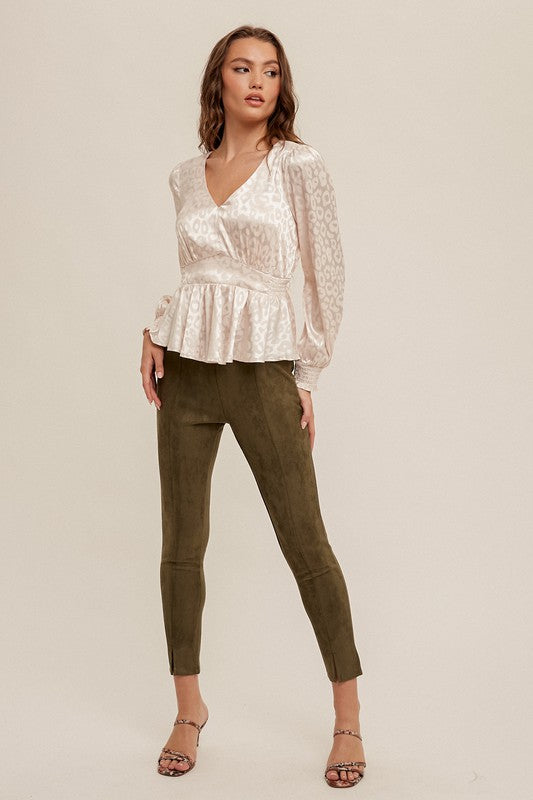 V-Neck Smocked Satin Blouse