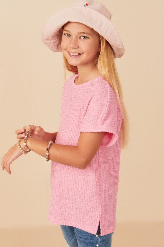 Girls Textured Rib Knit Roll Sleeve T Shirt