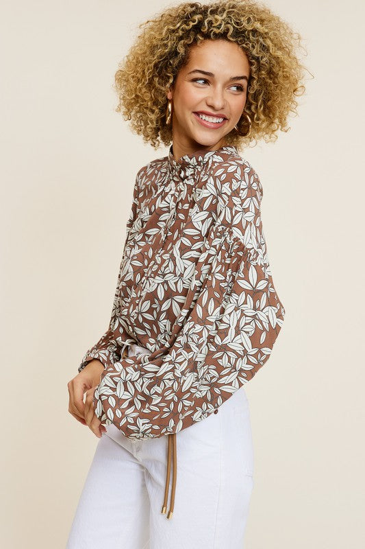 Leaf Print Button Down Puff Long Sleeve Blouse Top