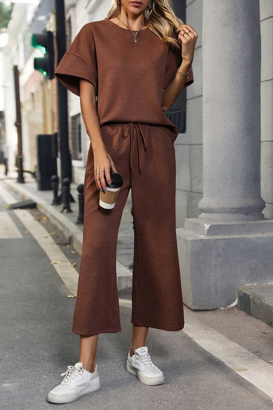 Textured Short Sleeve Top and Long Pants Set