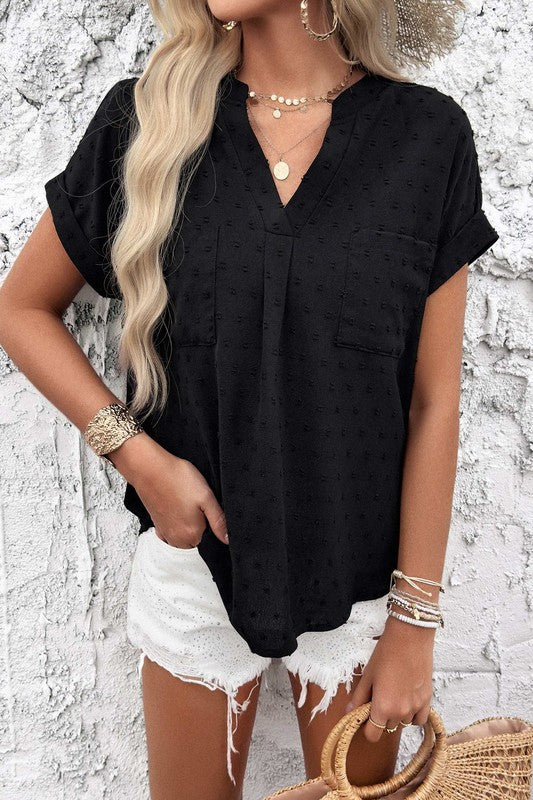 pre order Swiss Dot V Neck Short Sleeve Blouse With Pocket