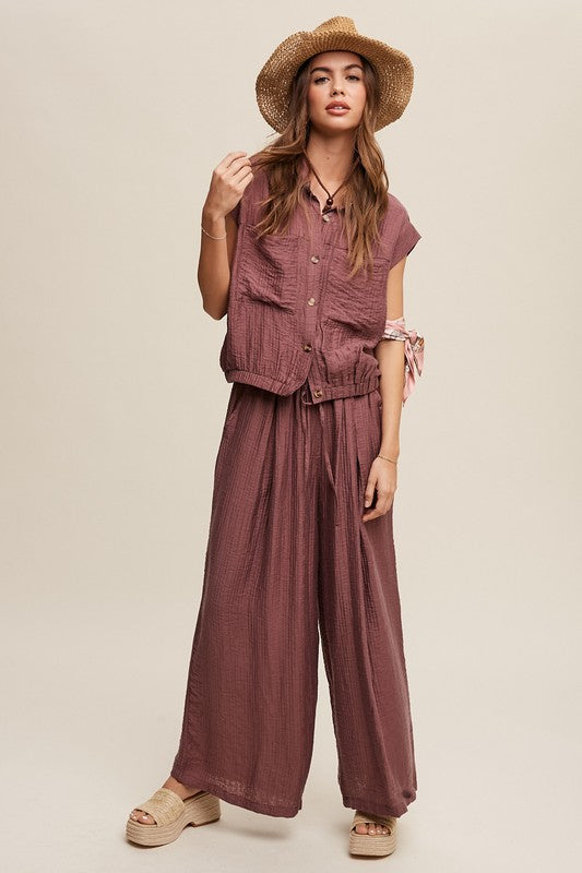 Button Down Top and Pleated Wide Leg Pants set