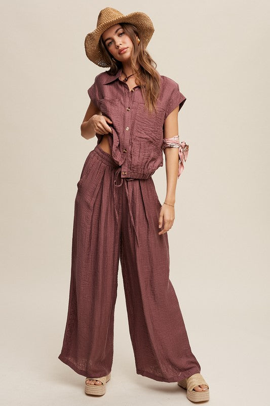 Button Down Top and Pleated Wide Leg Pants set