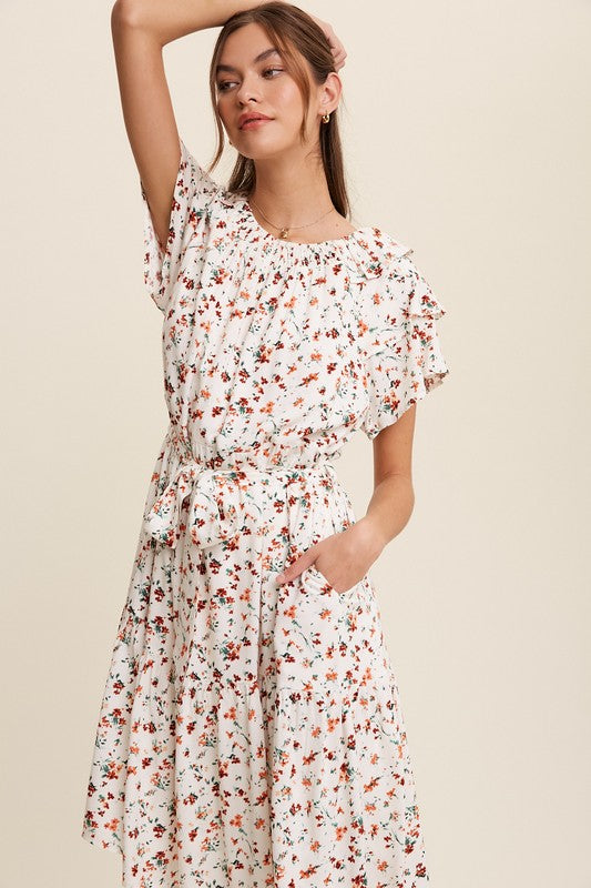 Floral Printed Ruffle Sleeve Waist Tie Midi Dress